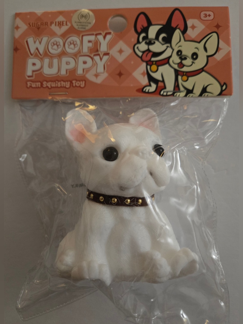 White Woofy Puppy Squishy Toy with Brown Studded Collar